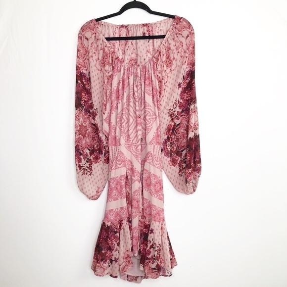 Free people seven wonders pink floral balloon sleeve ruffle hem mini dress - Picture 7 of 15